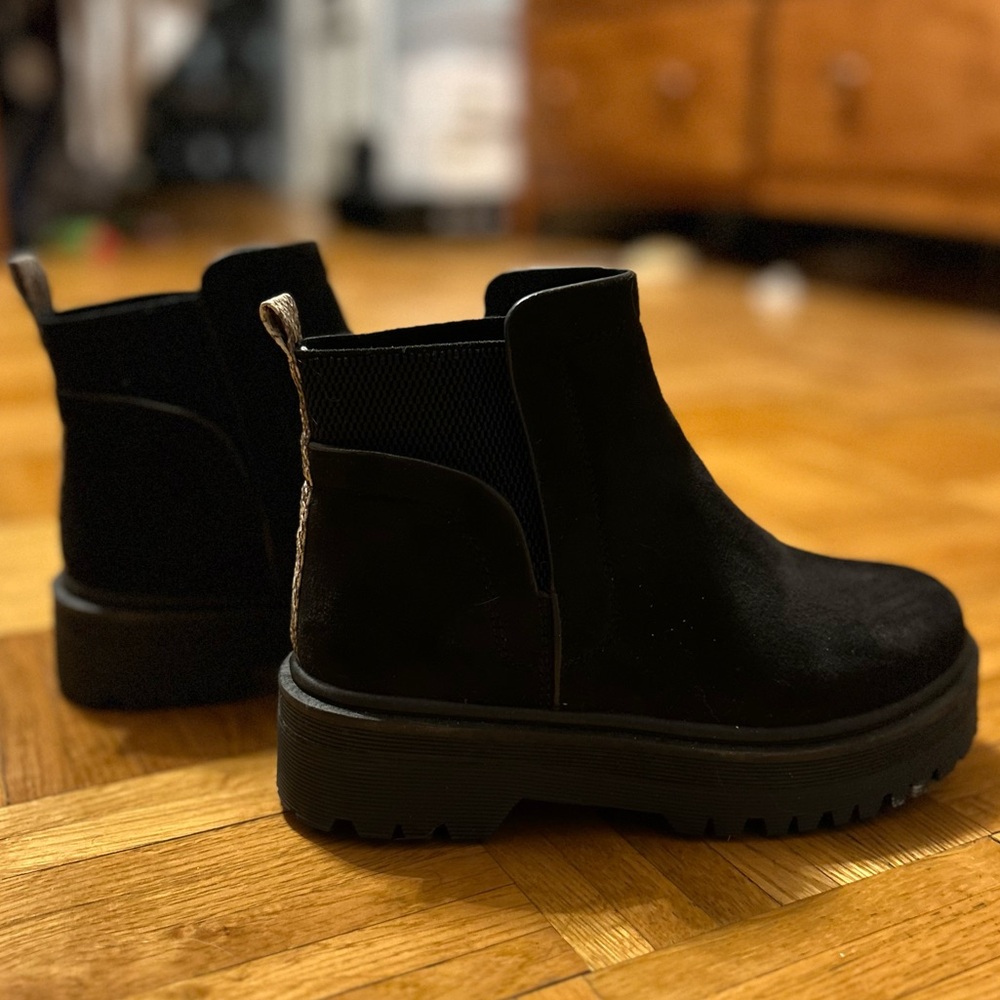 Black suede ankle boots with snake skin strip backing